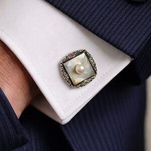 Vintage Sterling Mother of Pearl & Pearl Cufflinks + Tie Bar Set
